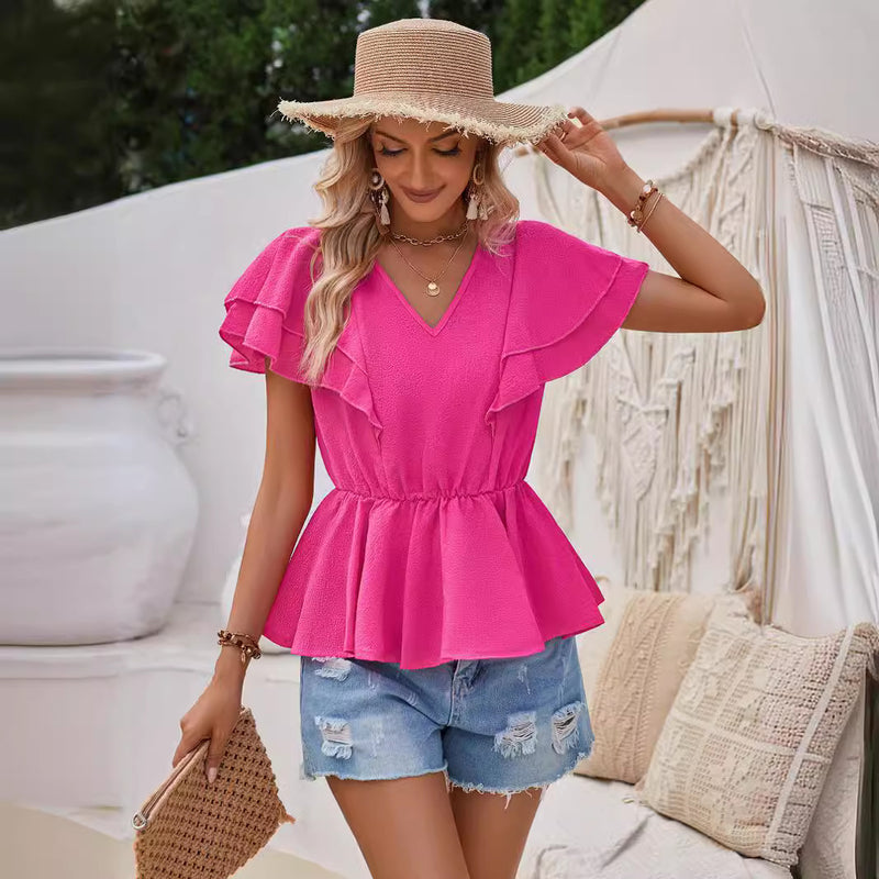 V-Neck Ruffled Solid Short-Sleeved Waist Tops Wholesale Womens Clothing N3824041600049