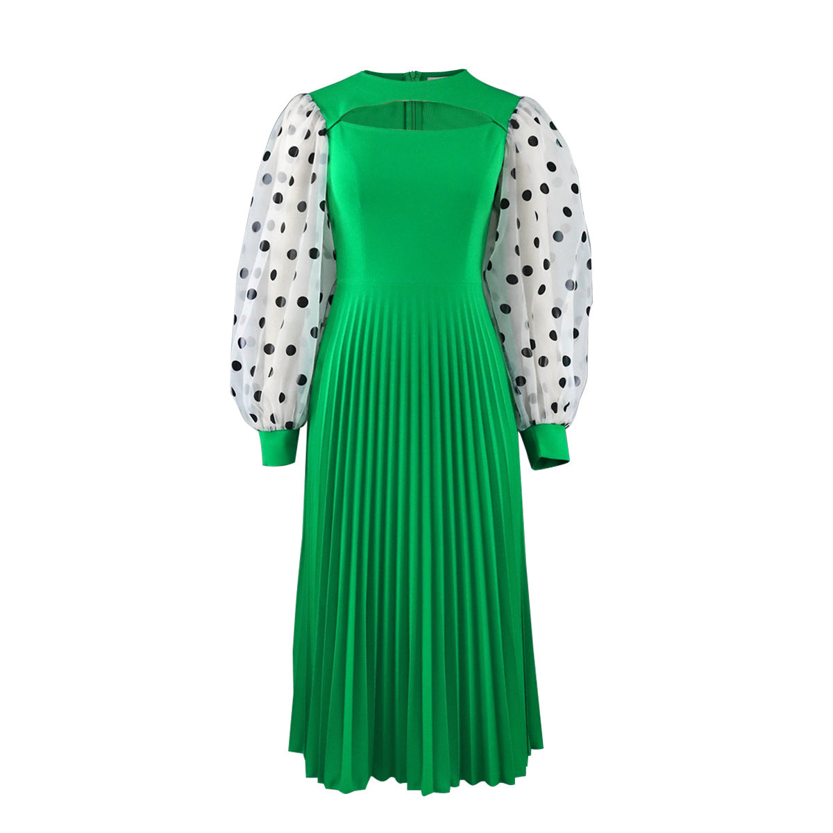 Fashion Polka Dot Lantern Sleeves Round Neck Hollow Pleated Dress Wholesale Dresses