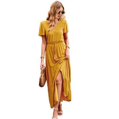 Casual Solid Color Fly Fly Sleeve V-Neck Button High Waist A-Line Dress Wholesale Dresses