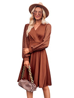 Fashion Solid Colour Long Sleeve Waist Patchwork V-Neck Dress Wholesale Dresses
