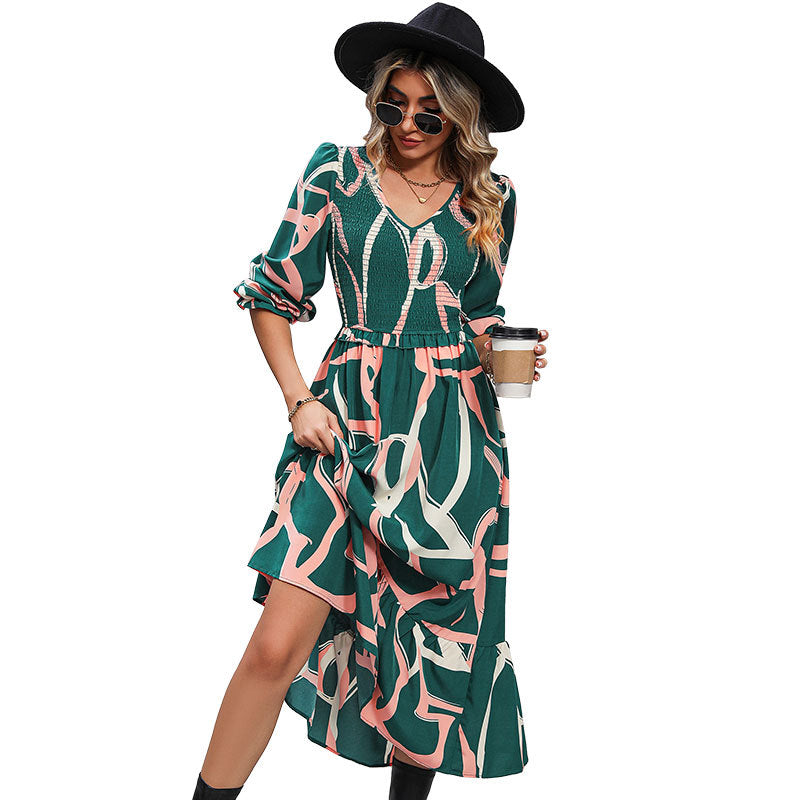 V-Neck Printed Dresses Long Sleeve Wholesale Womens Clothing N3824090300004