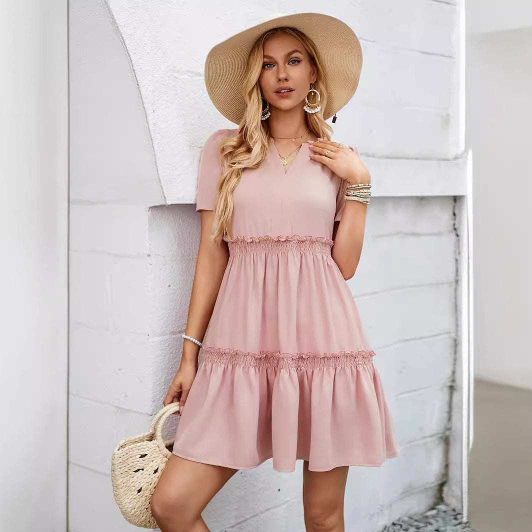 Solid V Neck Casual Ruffled Shorts Sleeve Dresses Wholesale Womens Clothing N3824050700082