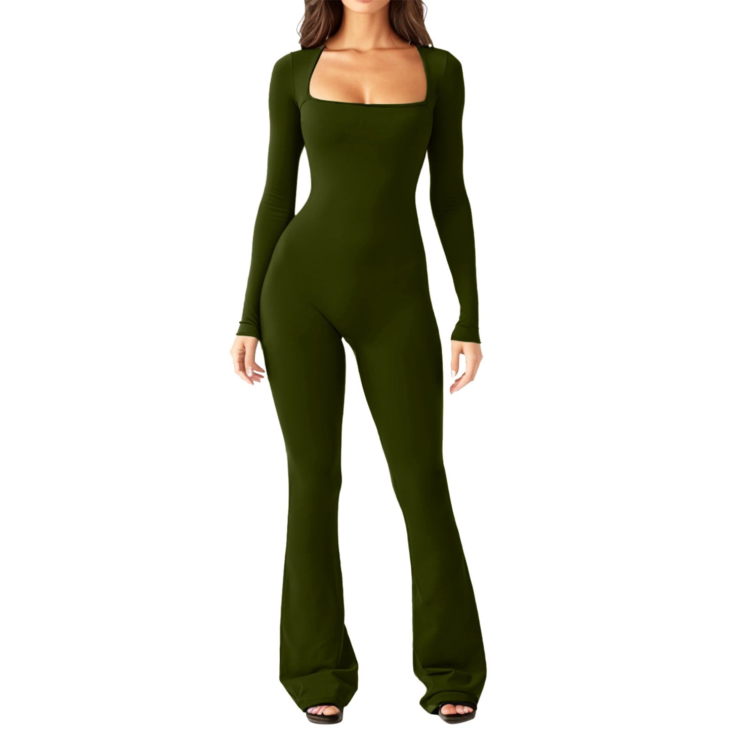 Long Sleeve Waist Square Neck Wide Leg Jumpsuit Wholesale Womens Clothing N3823112200024