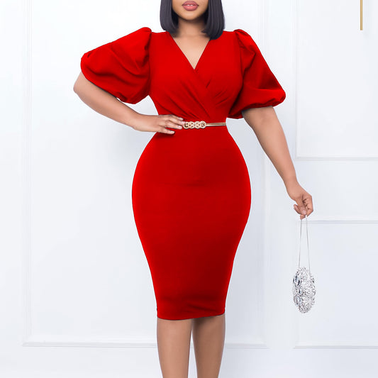 Fashion Bubble Sleeve V-Neck Hip Pencil Dress Wholesale Dresses