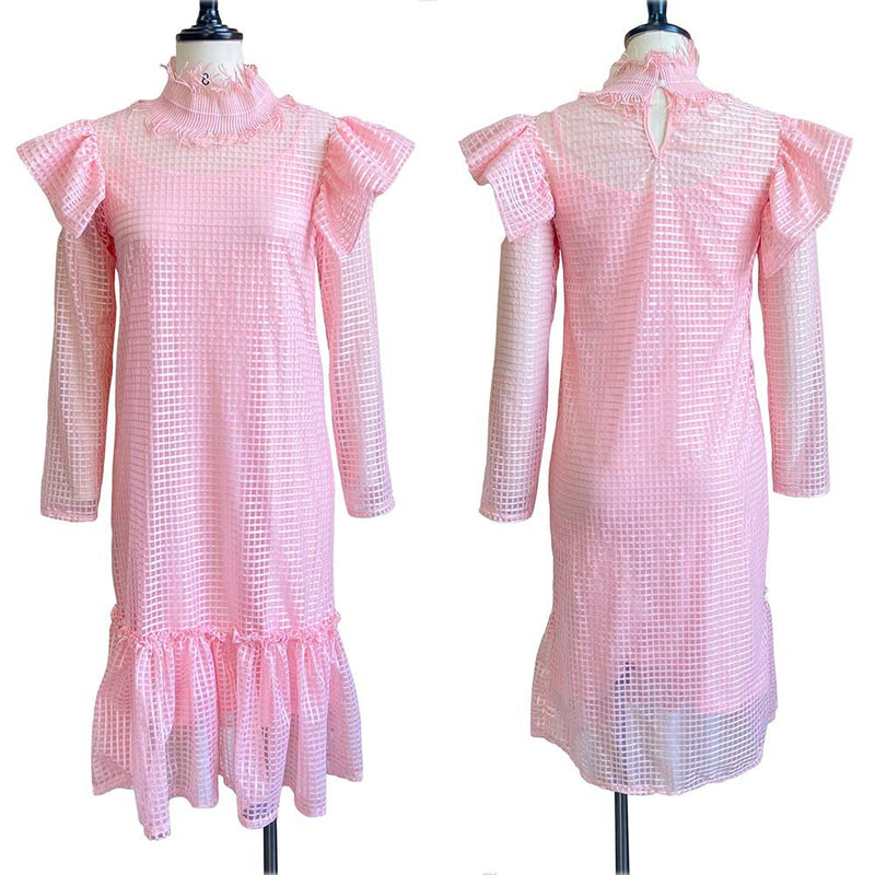 Hollow Long Sleeves Ruffle Trim Sling Dress 2 Piece Wholesale Womens Clothing N3823101700036