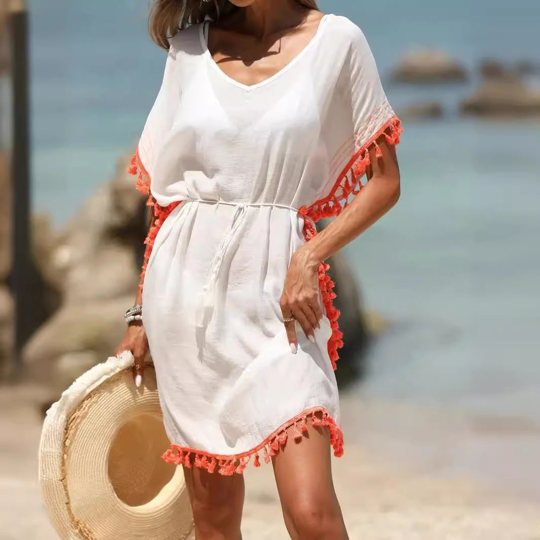 Cotton Tasseled Trim Colorblocked Beach Dresses Bikini Coverup Wholesale Womens Clothing N3824081300002