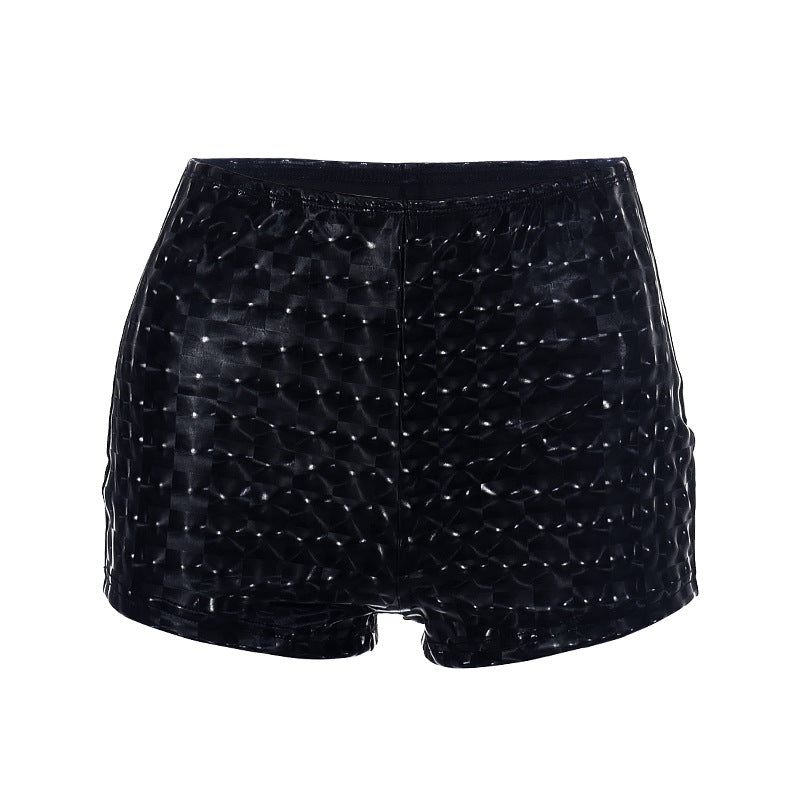 Fashion Low Waist PU Diamond Check Shorts Wholesale Womens Clothing