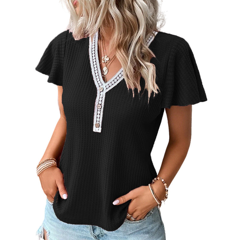 Casual Short-Sleeved Waffle Lace V-Neck T-Shirt Wholesale Womens Tops