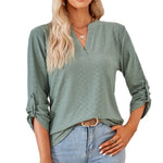 V-Neck Solid Button Long-Sleeved Loose T-Shirt Tops Wholesale Womens Clothing N3823112800042
