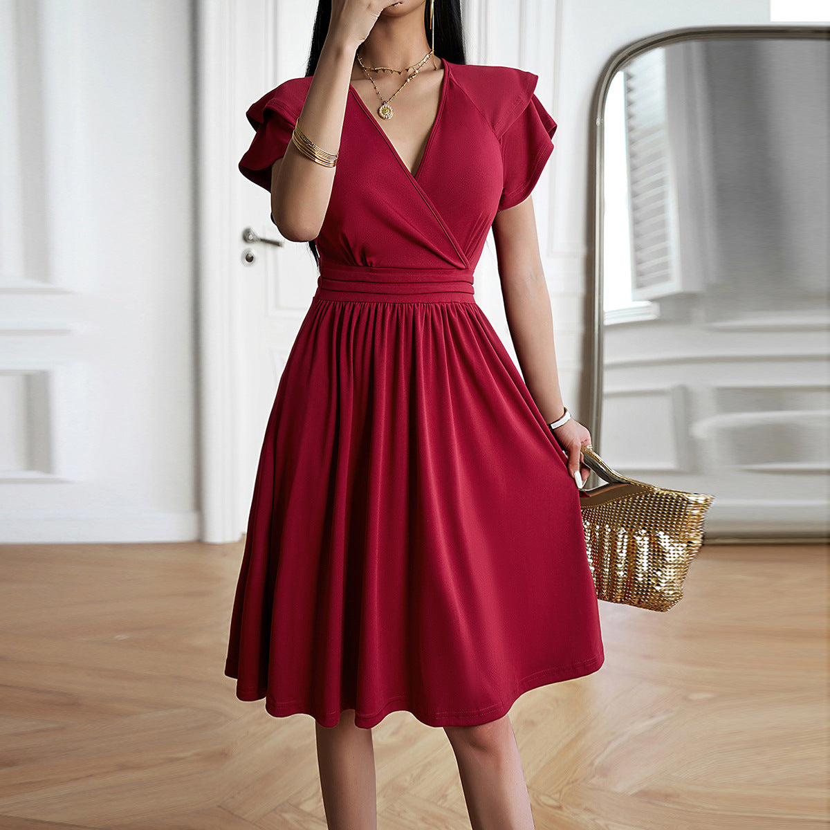 Elegant Flower Petal Sleeve V-Neck Mid-Length Dress Wholesale Dresses