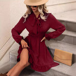 Waisted Solid Color Bow Tie Long Sleeve Dresses Wholesale Womens Clothing N3824052000051
