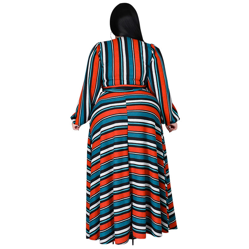 Wholesale Plus Size Clothing Striped Printed Long Sleeve Top Long Skirt Set