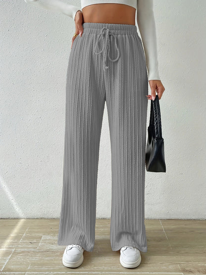 Textured Knit Wide Leg Pants High Waist Solid Color Straight Pants Wholesale Womens Clothing N3824080900024