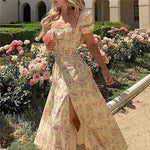 Fashion Short Sleeve French Floral Square Neck Slim Split Dresses Wholesale Dresses
