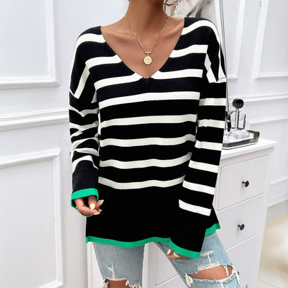 Loose Contrast Color V-Neck Long Sleeve Sweater Wholesale Womens Clothing N3824070500009