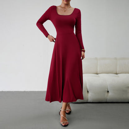 Elegant Solid Color U Neck Waisted Long Sleeve Dress Wholesale Dresses