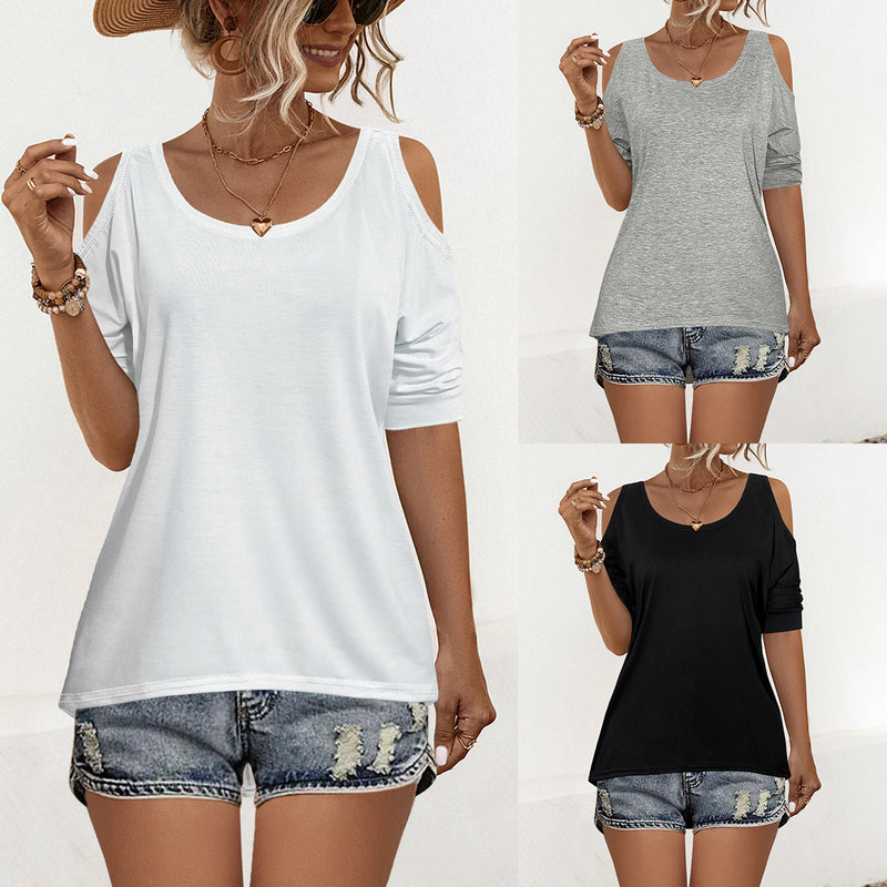 Cut Out Sleeve Solid Color T-Shirts Wholesale Womens Clothing N3824041600061