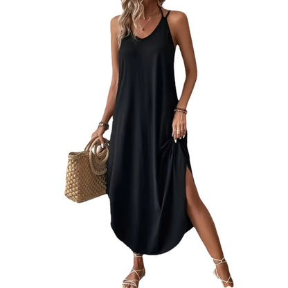 Slim Halter Sexy Maxi Dresses Suspender V Neck Irregular Hem Wholesale Womens Clothing N3824040700301