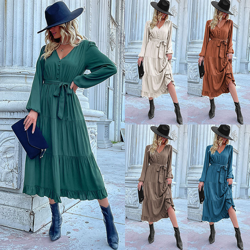 Long Sleeve Solid Color Maxi Dresses With Belt Wholesale Womens Clothing N3824091200040