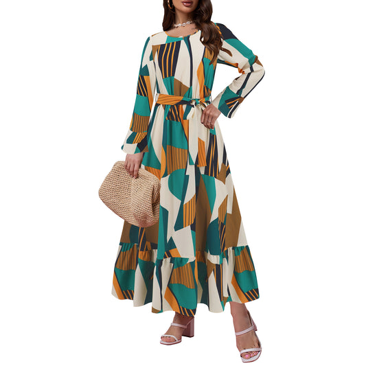 Long Sleeve Geometric Contrast Color Long Sleeve Dresses Wholesale Womens Clothing N3824072000243