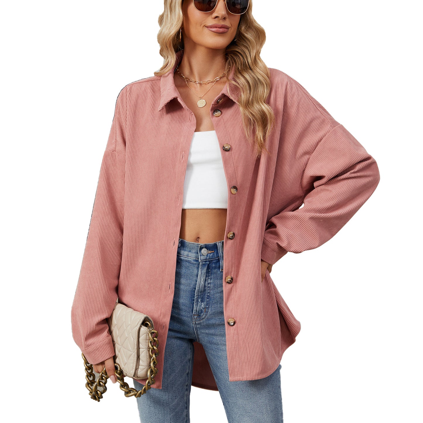 Solid Color Lapel Button Long Sleeve Loose Shirts Wholesale Womens Clothing N3824082300059