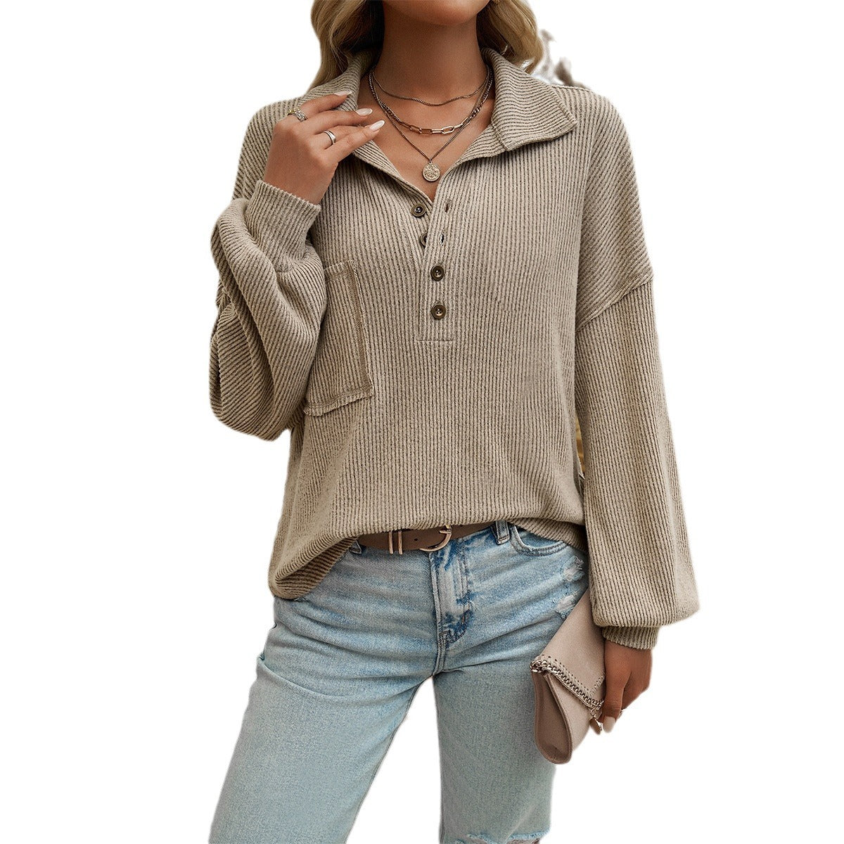 Fall Winter Casual Button Lapel Pocket Sweater Wholesale Womens Clothing N3824073000001