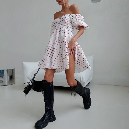 One Word Neck Strapless Heart Print Puff Sleeve Dress Wholesale Dresses