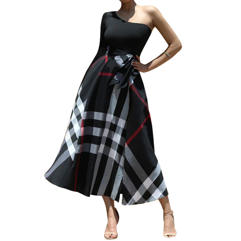 One Shoulder Printed Slit Dress Plaid Wholesale Womens Clothing N3823103000091