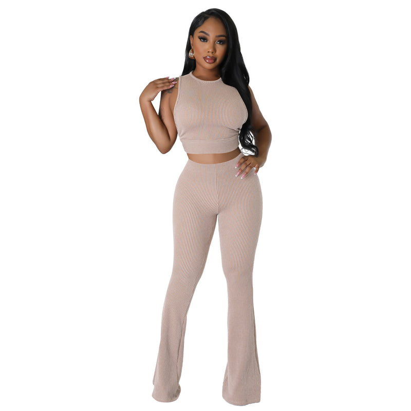 Fashion Solid Color Ribbed Sleeveless Top And Micro Flare Pants Set Wholesale Women'S 2 Piece Sets