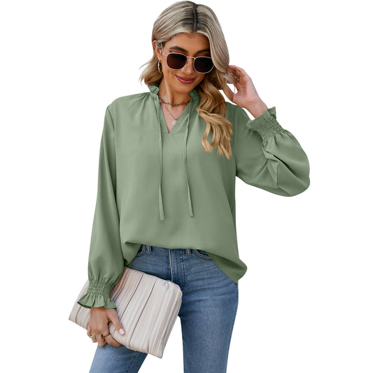 Loose Soft Long Sleeve V-Neck Tie Chiffon Shirt Wholesale Womens Tops