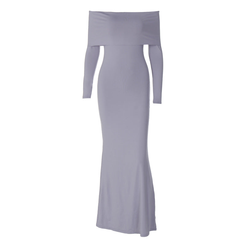 Elegant One Shoulder Long Sleeve Solid Color Dress Wholesale Dresses