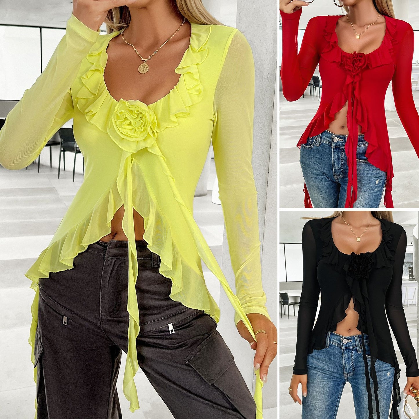 U Neck Mesh Tops Ruffled Trim Wholesale Womens Clothing N3824060600038