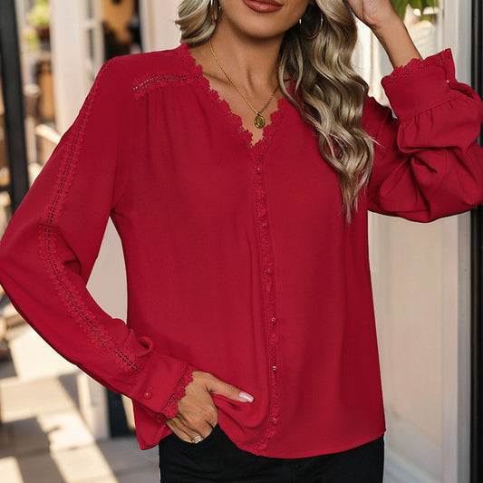 Casual Long Sleeve Red Shirts V-Neck Wholesale Womens Clothing N3824062800016