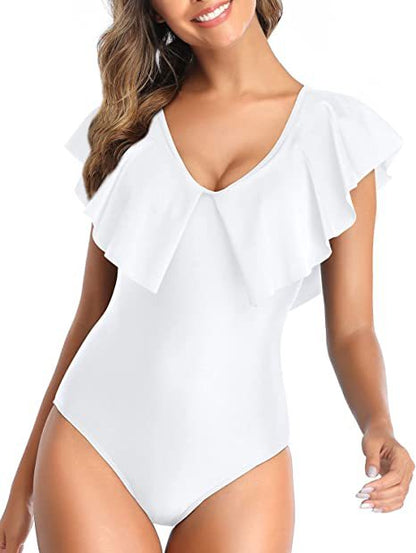 Low-Cut Triangle Solid Ruffle One-Piece Swimsuit Wholesale Women'S Clothing