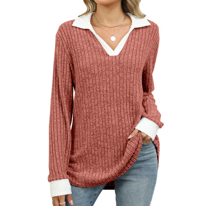 Contrast Color Lapel Long Sleeve Loose Sweaters Tops Wholesale Womens Clothing N3824072900053