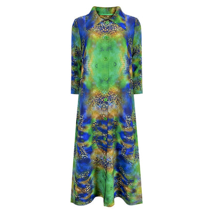 Casual Peacock Print Lapel Long Sleeve Dress Wholesale Dresses