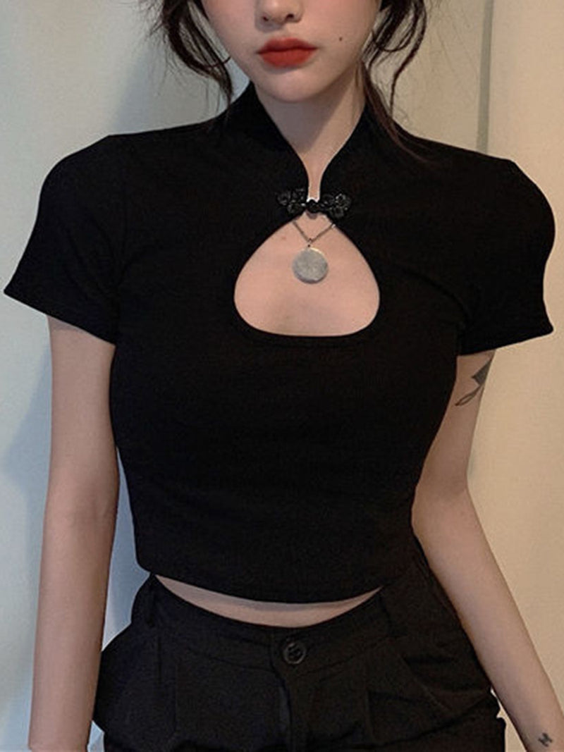Fashion Short-Sleeved Waistless Openwork Stand-Up Collar Plate Buckle Short T-Shirt Wholesale Womens Tops
