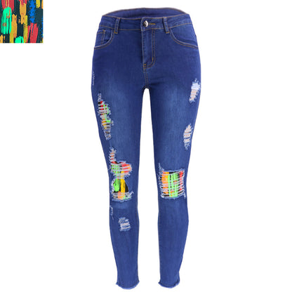 High Waisted Stretchy Painted Denim Pencil Calf Pants Wholesale Womens Clothing