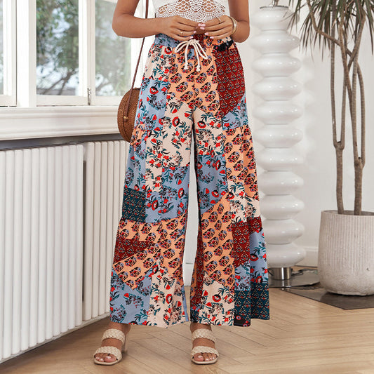 Bohemian Geometric Print Drawstring Wide-Leg Pants Wholesale Women'S Bottom