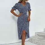 Puff Sleeves Irregular Hem Dress V-Neck Casual Printed Midi Dress Wholesale Womens Clothing N3824052000005