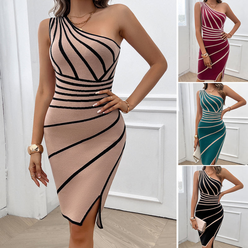 Striped Hip-wrapped Slit One-shoulder Sweater Dresses Wholesale Womens Clothing N3824060600049