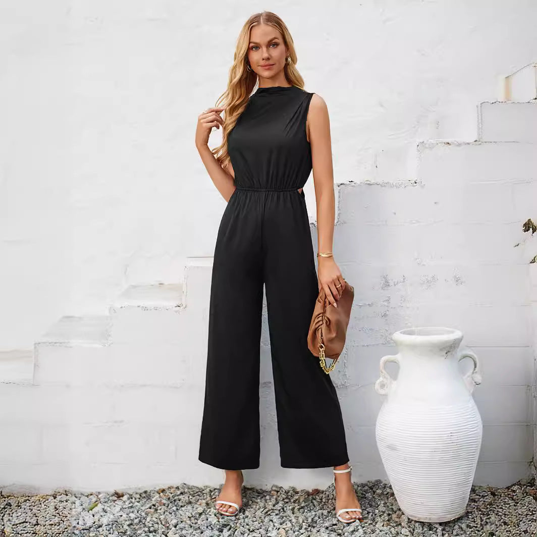 Stacked Neck Solid Color Sleeveless Jumpsuit Wholesale Womens Clothing N3824050700069