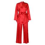 Casual Solid Color Pressed Pleated Long Sleeve Strappy Shirt And Trouser Set Wholesale Women'S 2 Piece Sets