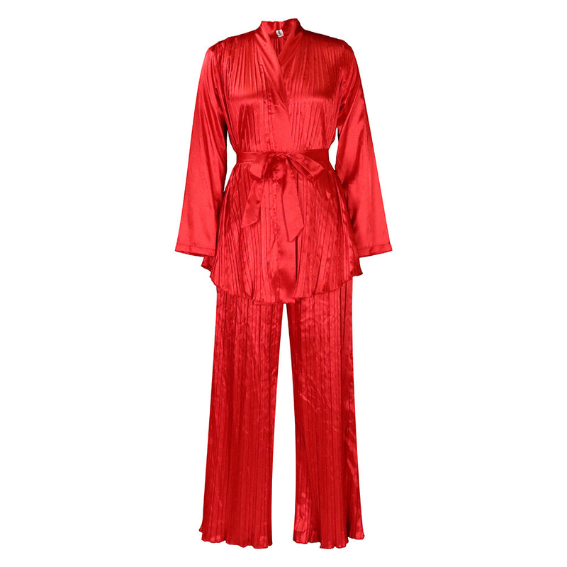 Casual Solid Color Pressed Pleated Long Sleeve Strappy Shirt And Trouser Set Wholesale Women'S 2 Piece Sets