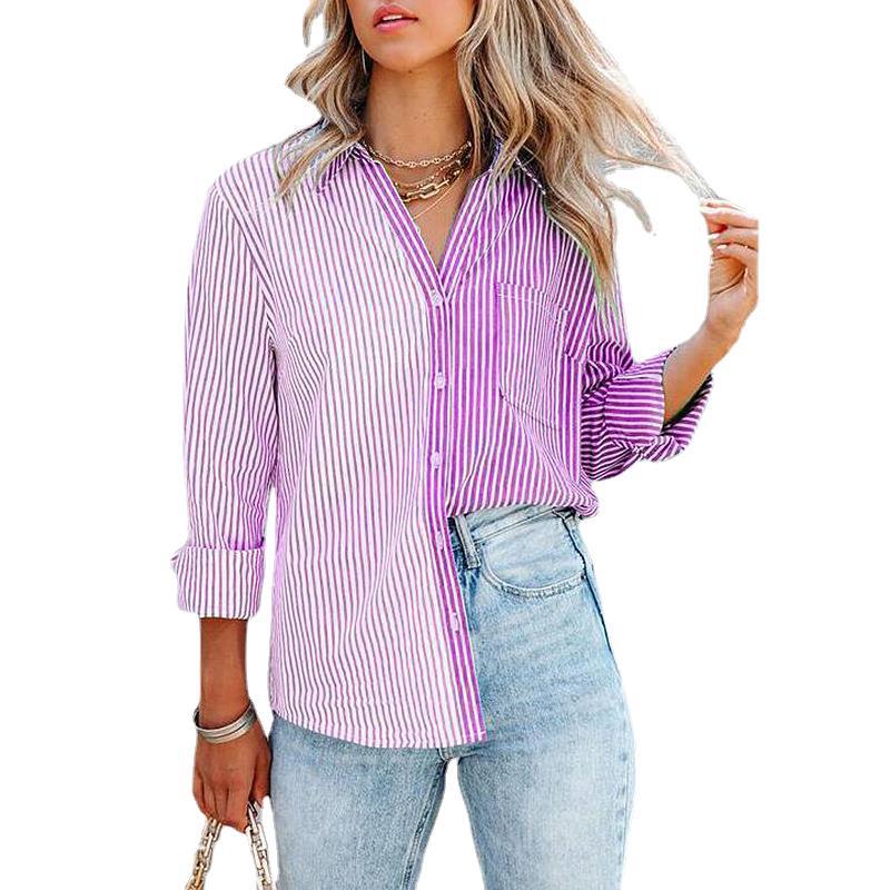 Casual Striped Colorblock Printed Long Sleeve Single Breasted Shirt Wholesale Womens Tops