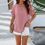 Casual Ruffled Sleeve Solid Color V-Neck Tops Wholesale Womens Clothing N3824022600044