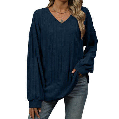 Solid Color V-Neck Loose Long Sleeve Knitted Sweater Wholesale Womens Clothing N3824091200015