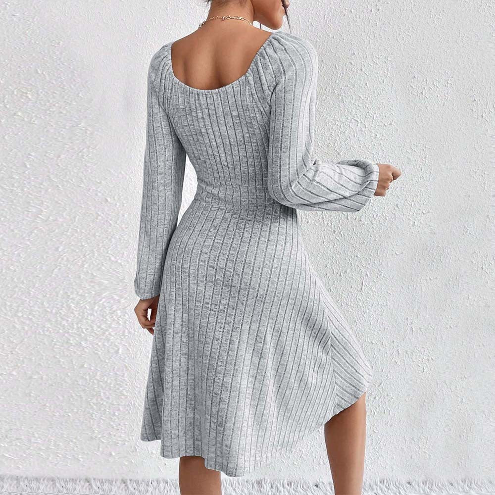 Square Neck Waist Ribbed Long Sleeve Dresses Wholesale Womens Clothing N3824072000221