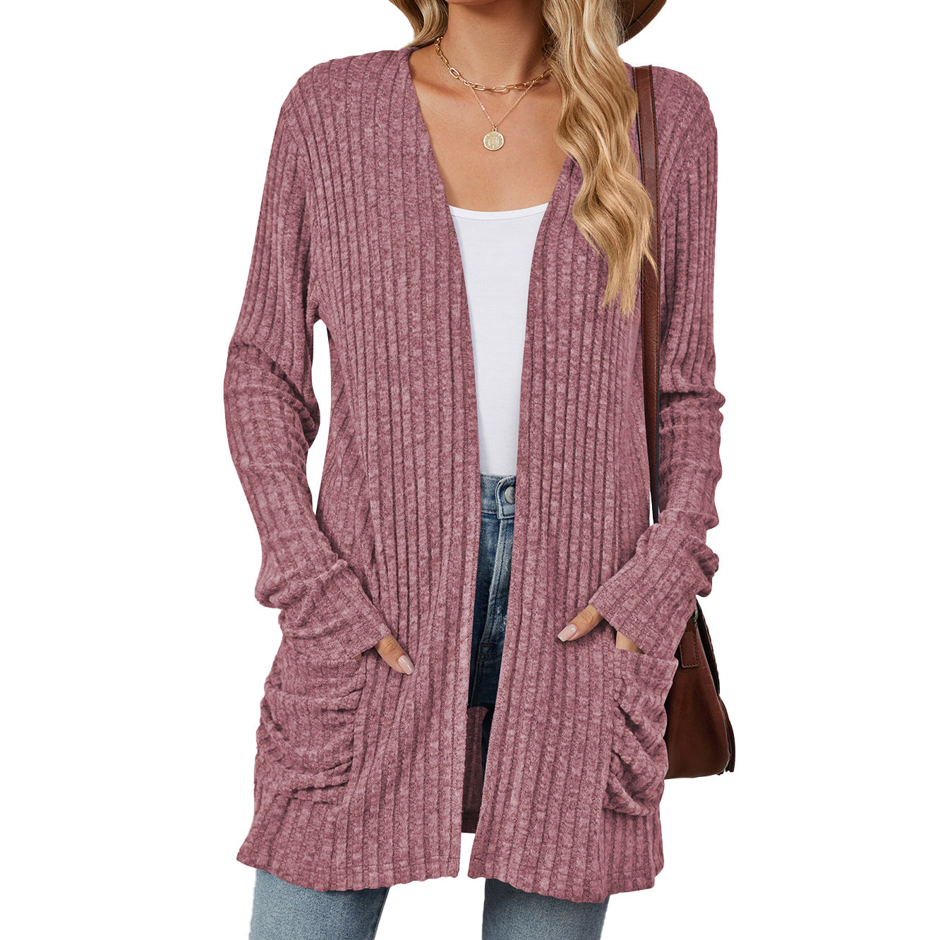 Solid Color Pocket Long Sleeve Knitted Bottoming Cardigan Wholesale Womens Clothing N3824072900051