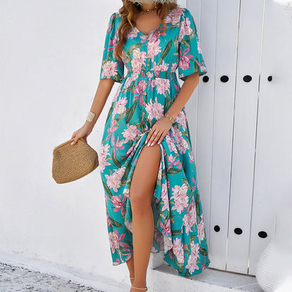 Spring and Summer Casual Printed Slit Resort Dresses Wholesale Womens Clothing N3824040100120